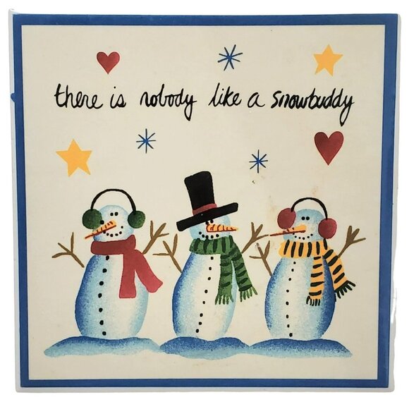 Snowman Coaster Set Nobody Like A Snowbuddy 4 Ceramic Drink Holders Wire Basket - Picture 4 of 8